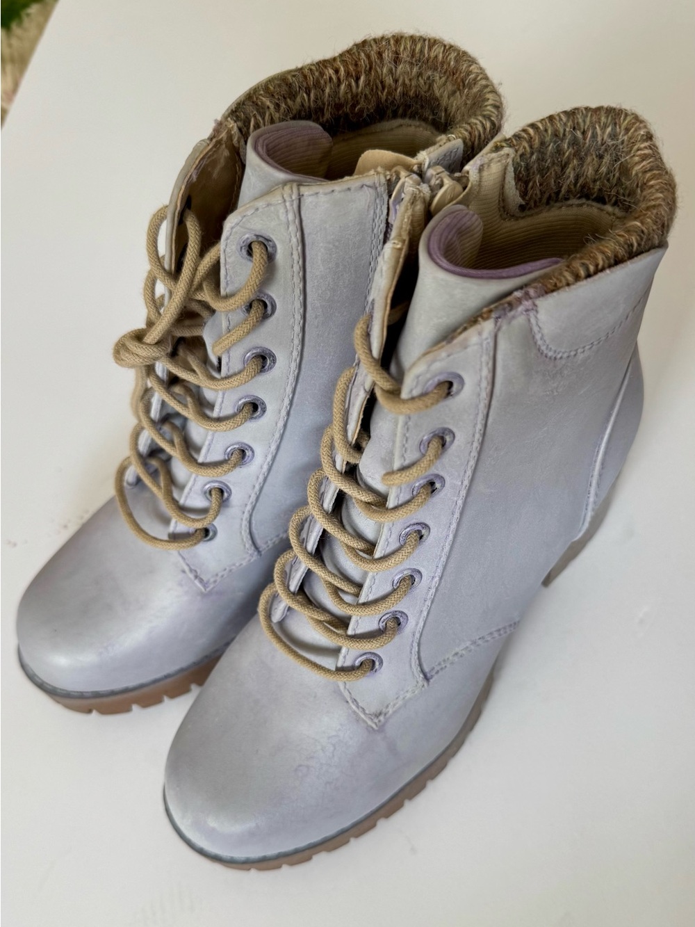 Soda Light Grayish Blue Lace-Up Ankle Boots with Knit Collar